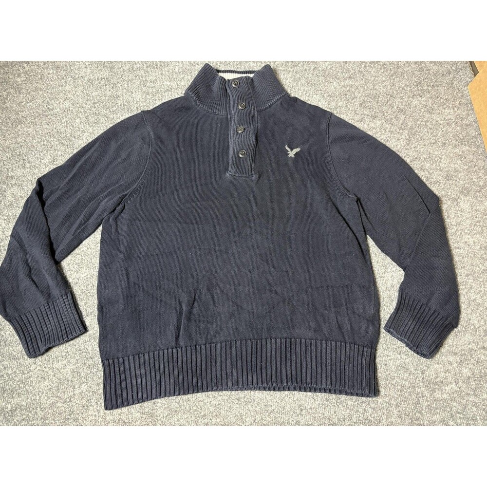 American Eagle Outfitters Sweater Mens XL Blue Knit Mock Neck Henley Pullover
